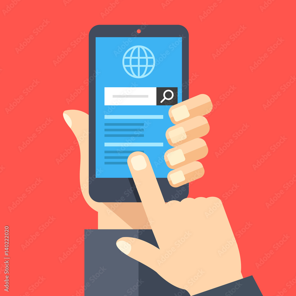 Hand holding smartphone with web browser and search bar on screen. Finger touches screen. Mobile internet usage, search on the internet concepts. Flat design vector illustration Hand holding smartphone with web browser and search bar on screen. Finger touches screen. Mobile internet usage, search on the internet concepts. Flat design vector illustration