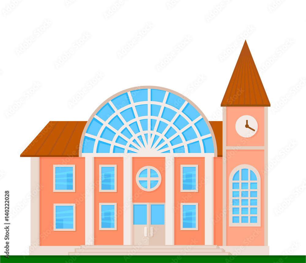 Railway station front view on nature background, vector illustration