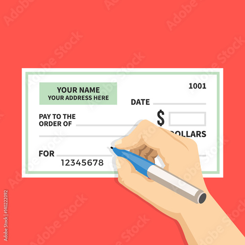 Man hand writing a check. Hand holding pen filling a cheque. Modern flat design graphic elements. Vector illustration