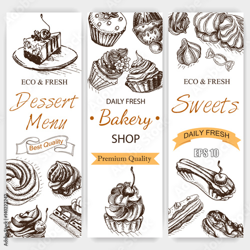 Vector illustration sketch bakery. Vintag card menu bagel, eclair, profiterole, cupcake.