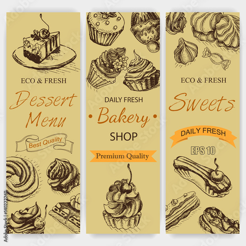 Vector illustration sketch bakery. Vintag card menu bagel, eclair, profiterole, cupcake.