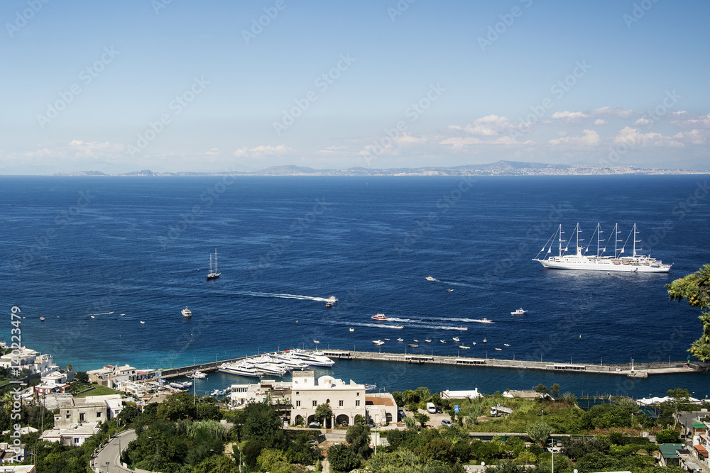 Italian coast from Capri, sea and some boats and ships