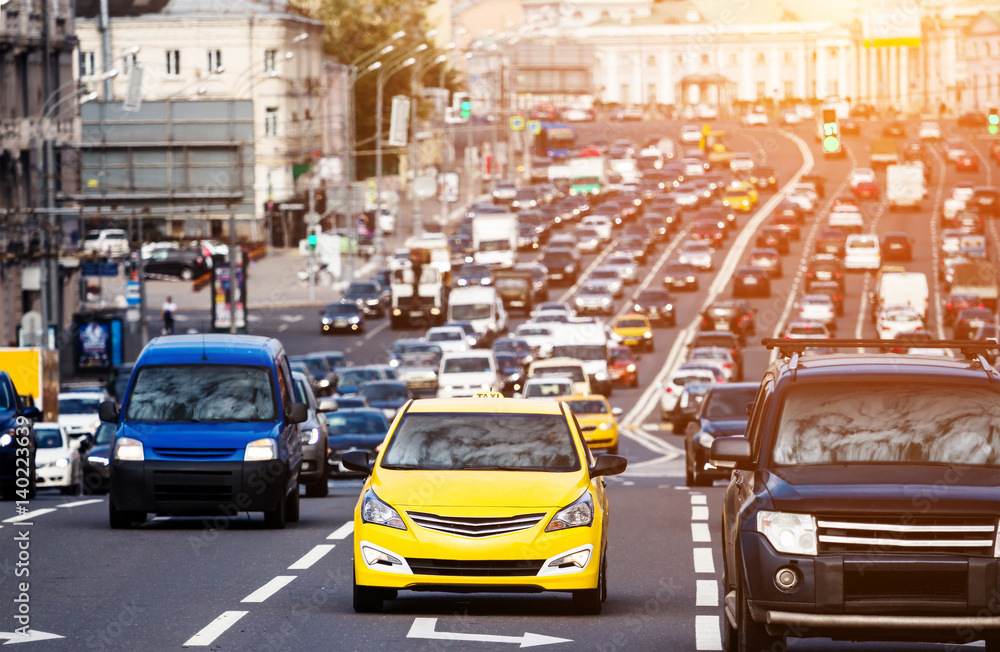 Yellow taxi on the traffic jam Yellow taxi on the traffic jam