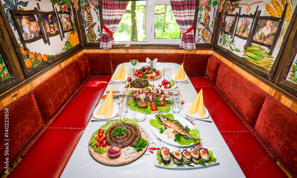 served table with a meal in a restaurant served table with a meal in a restaurant