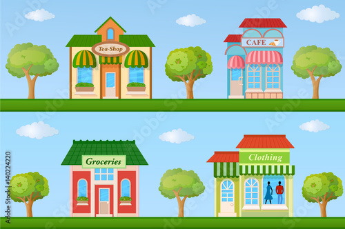 Wallpaper Mural Building icon set. Store and cafe building front view on nature background Torontodigital.ca