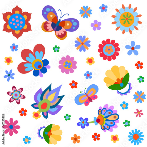 Colorful cute flowers and butterfly painted in a naive manner