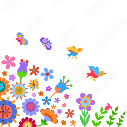 Background with naive style colorful flowers, butterfly and birds