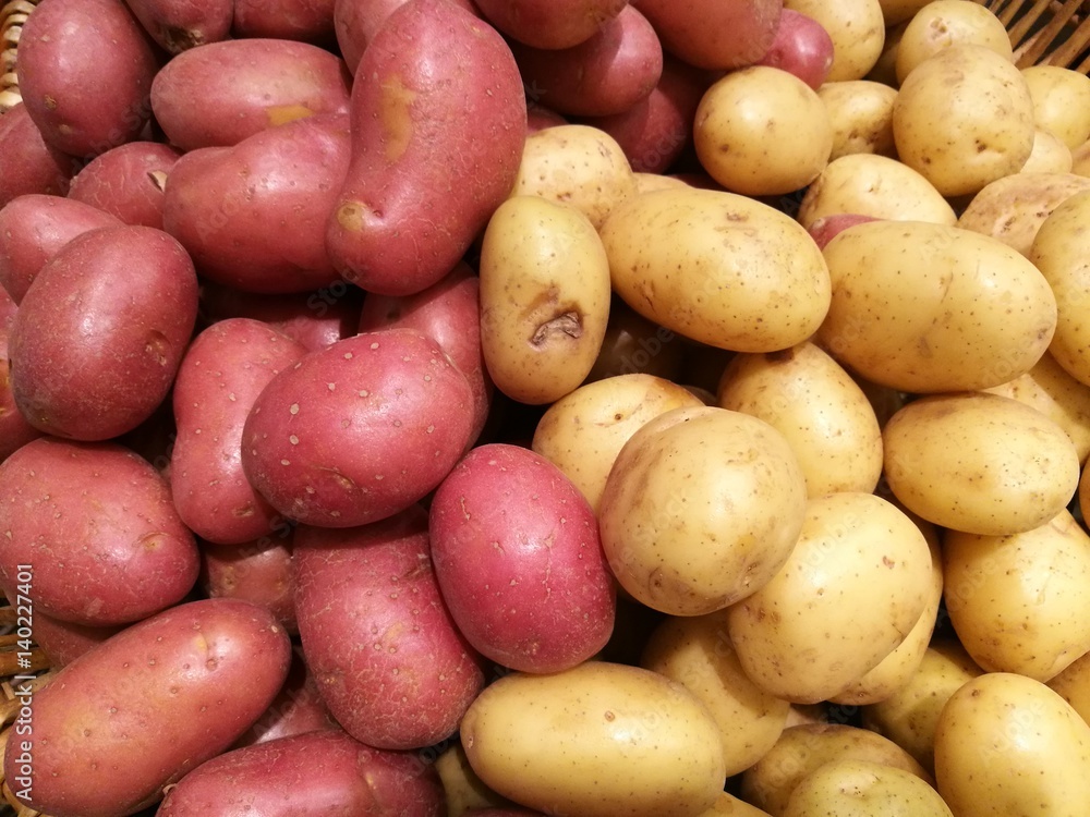 Fresh organic potato and sweet potato stand out among many potato background in supermarket. Heap of potato root. Close-up potatoes texture Fresh organic potato and sweet potato stand out among many potato background in supermarket. Heap of potato root. Close-up potatoes texture