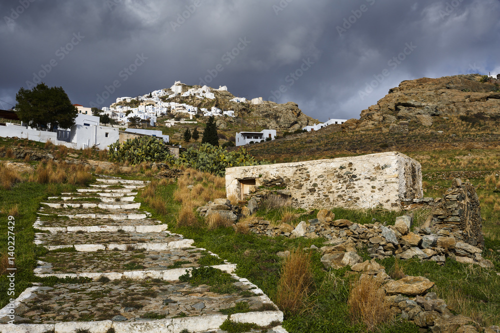 Old road from the harbor to the main village of the island which is now used for hiking, Serifos island in Greece. 