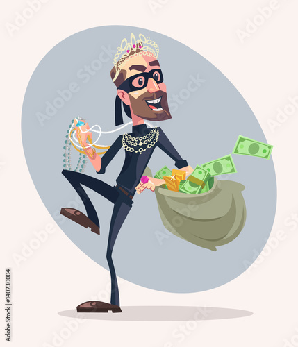 Robber man character stole money and jewelry. Vector flat cartoon illustration