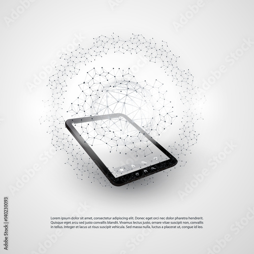 Abstract Cloud Computing and Global Network Connections Concept Design with Tablet PC, Wireless Mobile Device, Transparent Geometric Mesh - Illustration in Editable Vector Format