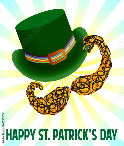 St. Patrick Hat and Mustache - Illustration of St. Patrick’s hat and mustaches with inscription, Happy St. Patrick’s Day. Allin green.
