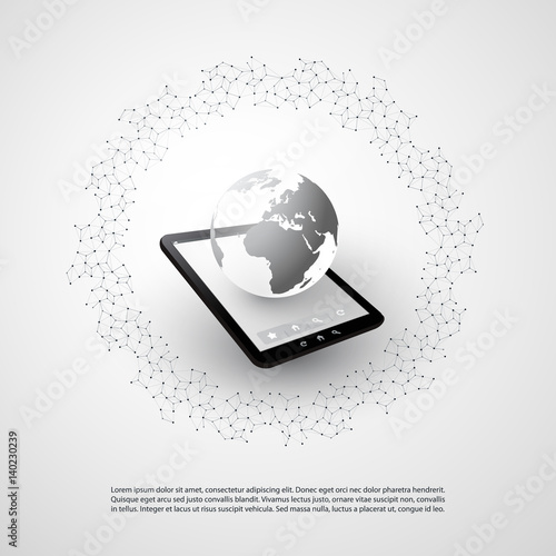 Abstract Cloud Computing and Global Network Connections Concept Design with Tablet PC, Wireless Mobile Device, Transparent Geometric Mesh - Illustration in Editable Vector Format
