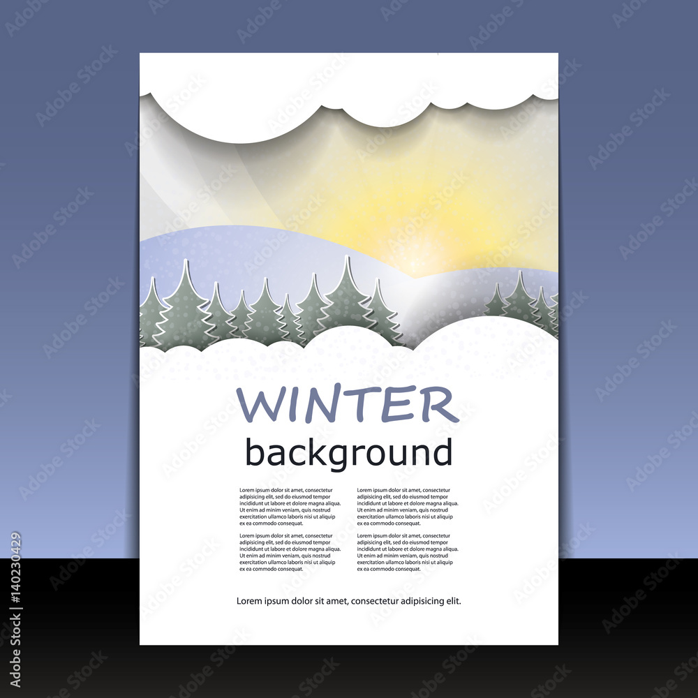 Abstract Flyer or Cover Design with Natural Winter Theme, Sunset in the Pine Forest in the Snowy Mountains - Illustration in Editable Vector Format 