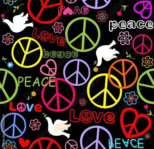 Hippie paper wrapper with peace symbols and doves
