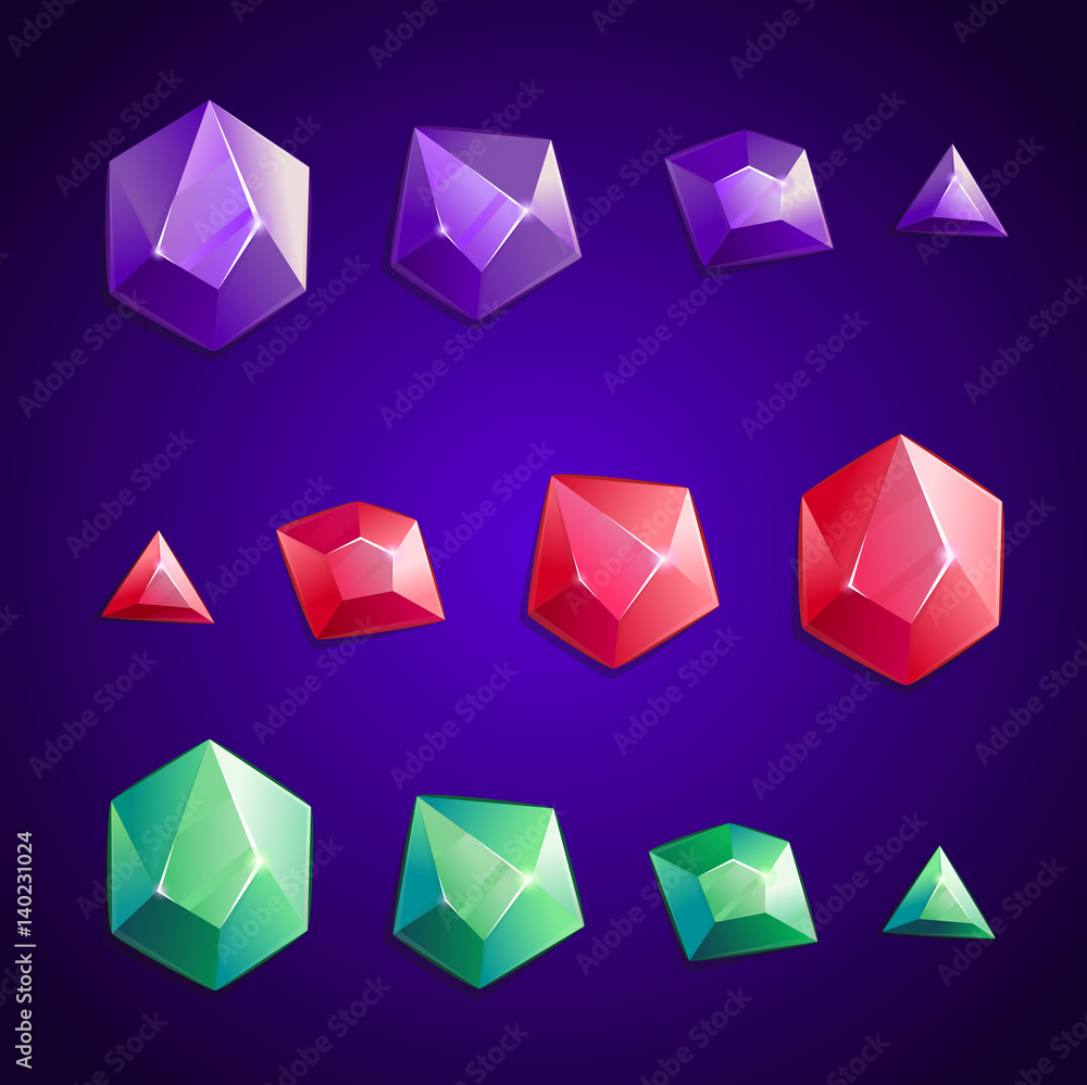 Cartoon crystal set of different shapes. Purple, red, green color of the stone. GUI and UI elements. Cartoon crystal set of different shapes. Purple, red, green color of the stone. GUI and UI elements.