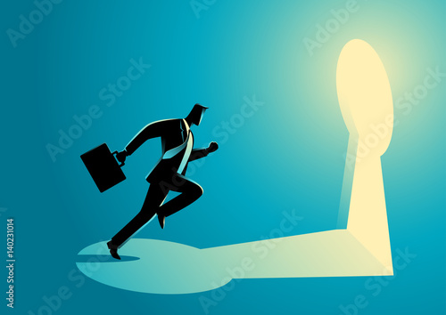 Businessman running towards a key hole