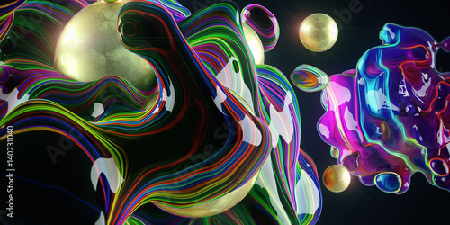 Neon Bubbles and golden spheres on a black background.