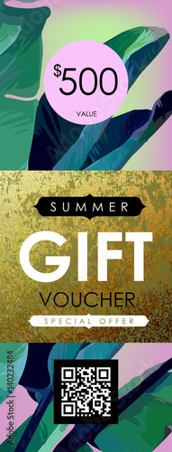Floral flayer, discount voucher, gift sertificate vector template. Trendy summer illustration. Tropical banana palm leaves and glittering gold texture.