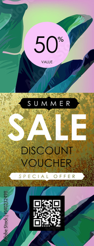 Floral flayer, discount voucher, gift sertificate vector template. Trendy summer illustration. Tropical banana palm leaves and glittering gold texture.