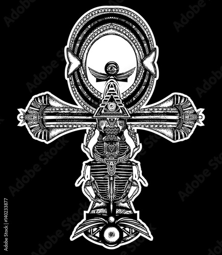 Ankh tattoo, ancient egyptian cross t-shirt design. Decorative ethnic style of Ancient Egypt. Ankh symbol of eternal life tattoo, key to immortality