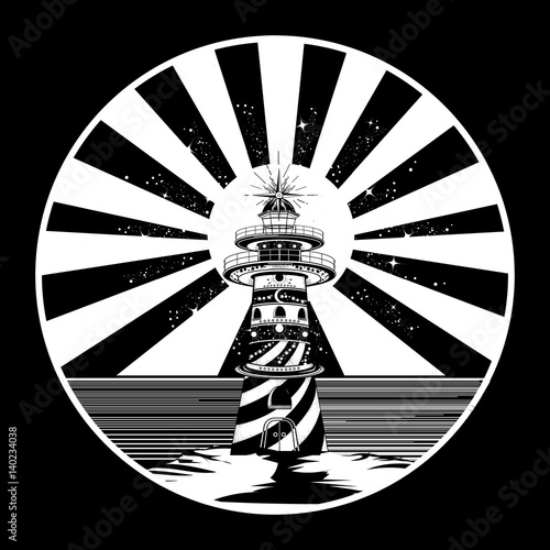 Lighthouse tattoo art, symbol of meditation, hiking, adventures. Lighthouse, searchlight tower for maritime navigational guidance. Lighthouse tattoo template in boho style t-shirt design