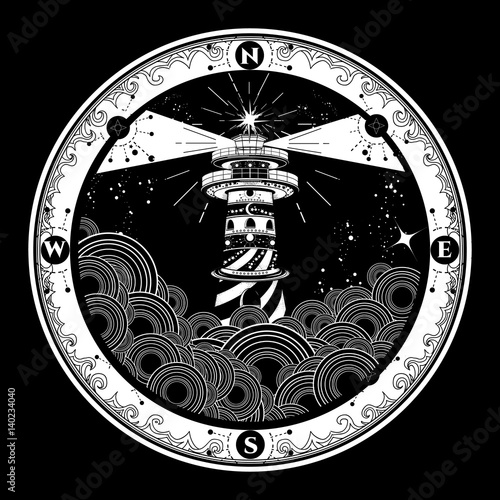 Lighthouse on cliff in stormy weather tattoo, Lighthouse and rose compass t-shirt design. symbol of meditation, hiking, adventures graphic style. Lighthouse in the storm sea tattoo