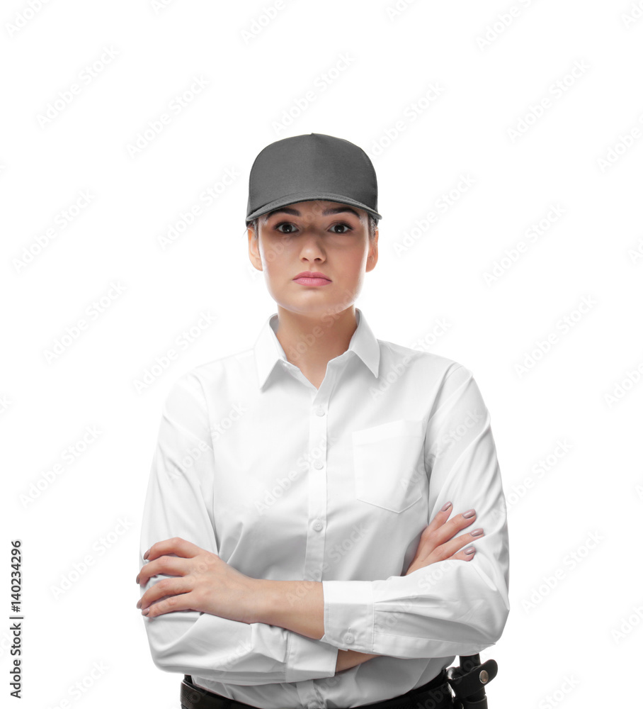 Female security guard on white background Female security guard on white background
