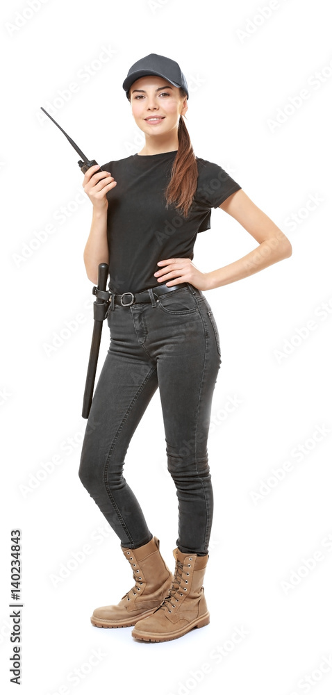 Beautiful young woman in security uniform on white background Beautiful young woman in security uniform on white background