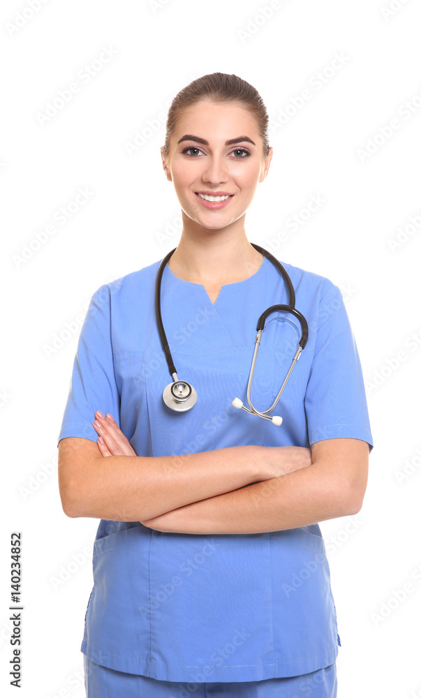 Young female nutritionist on white background Young female nutritionist on white background