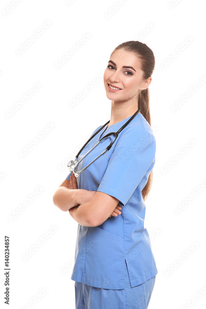 Young female nutritionist on white background Young female nutritionist on white background