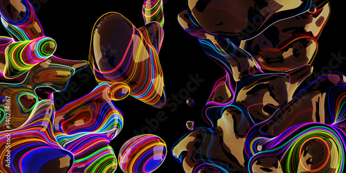 Abstract neon bubbles, lava lamp on black background.