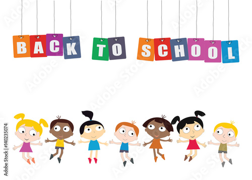Welcome Back to school concept with childrens, chalkboard and Colorful worlds Vector.