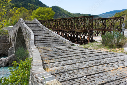 Traditional stone bridge near a Bailey bridge in Western Macedonia, Greece