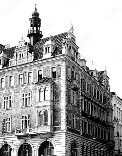 Beautiful black and white photo of classic architecture in Prague, Czech Republic.