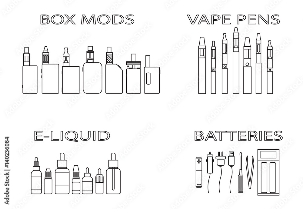Set of Electronic cigarette. Set of vape pens and e-liquid and box mods and batteries . Vector image. Set of Electronic cigarette. Set of vape pens and e-liquid and box mods and batteries . Vector image.