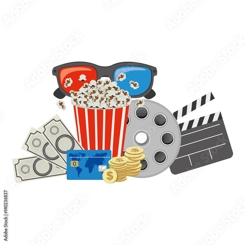 color pop corn, 3d glasses, clapper board and money, vector illustraction