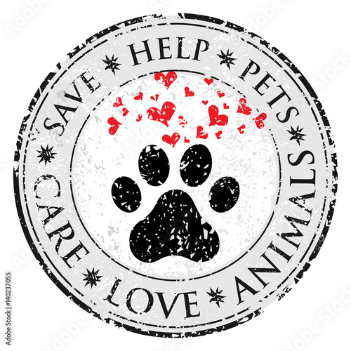 Dog paw heart love sign icon. Pets symbol textured web button. Vector Grunge post stamp. Circle banner or label. Protect your dog or cat symbol.