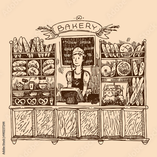 Hand drawn vector sketch interior of bakery shop.