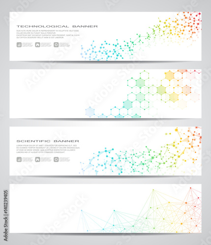Set of modern scientific banners. Molecule structure DNA and neurons. Abstract background. Medicine, science, technology, business, website templates. Scalable vector graphics.