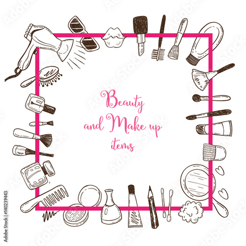 Beauty and make up items in a square frame with doodle cosmetics.