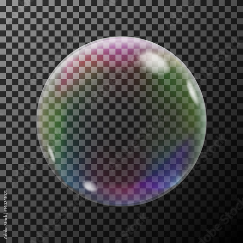 Transparent colorful soap bubble on a dark background. Vector Illustration.