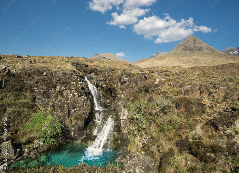 Waterfall in Glen Brittle valley. Cuillin Hills. Isle of Skye.