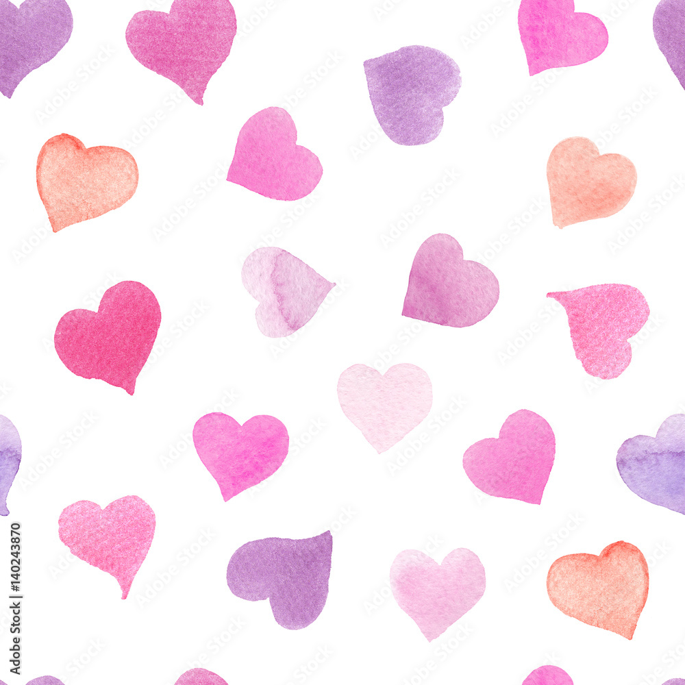 Seamless watercolor pattern with colorful hearts - pink, purple, blue tints.