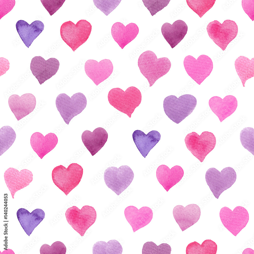 Seamless watercolor pattern with colorful hearts - tints of pink and purple