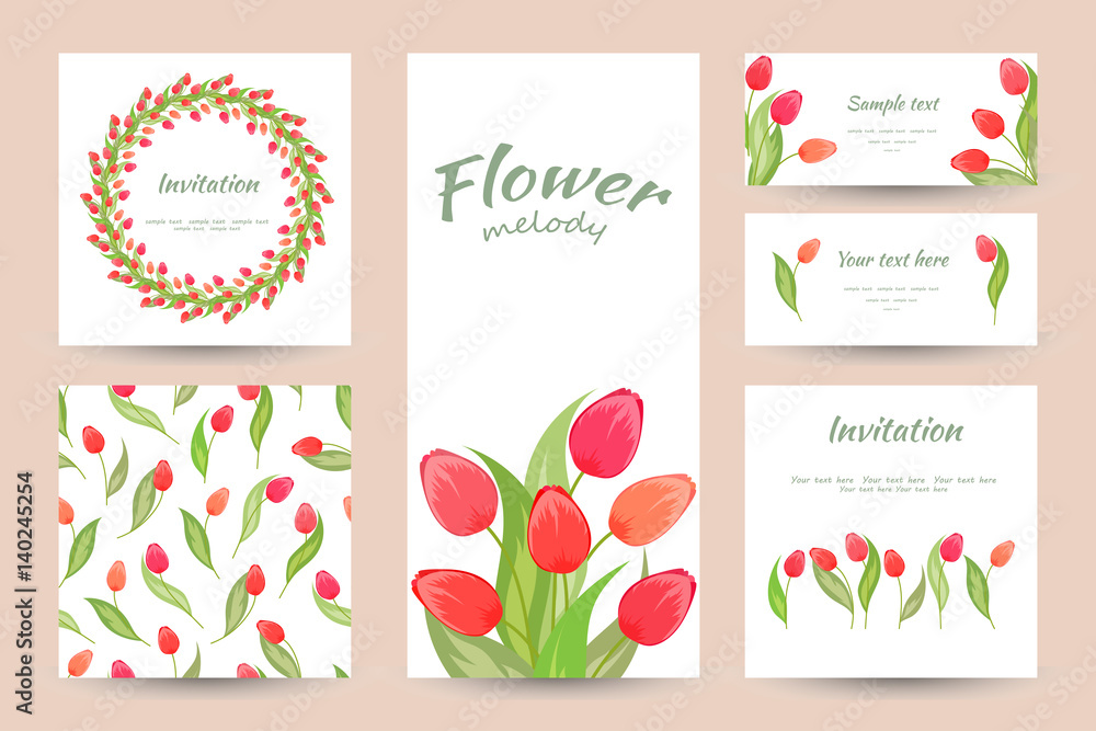 Collection of greeting cards with blooming tulips for your design. Collection of greeting cards with blooming tulips for your design.