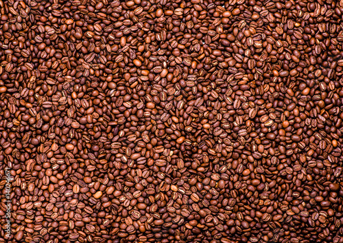 Coffee beans background. Texture. Roasted Arabic coffee. top view.