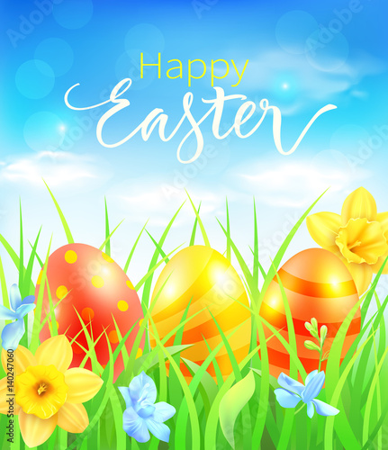 Easter card with Easter eggs in grass. Vector illustration.