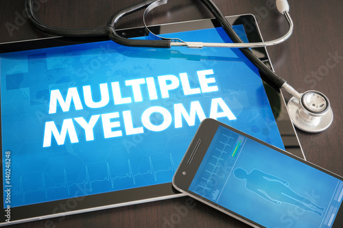 Multiple myeloma (cancer type) diagnosis medical concept on tablet screen with stethoscope
