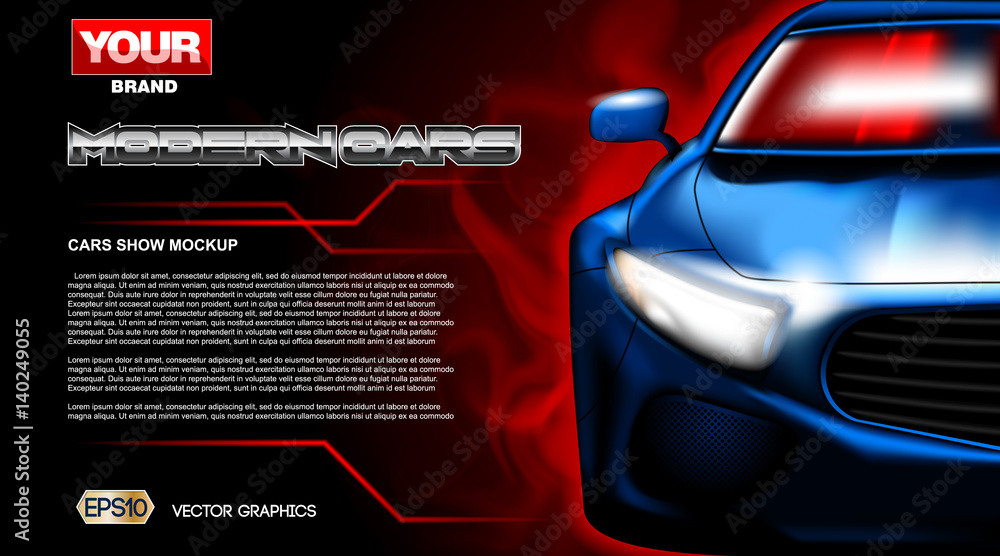 Digital vector blue new modern sport car close up mockup, ready for print or magazine design. Your brand, auto show and exhibition, lights on. Black background, red fog. Transparent, realistic 3d - obrazy, fototapety, plakaty 